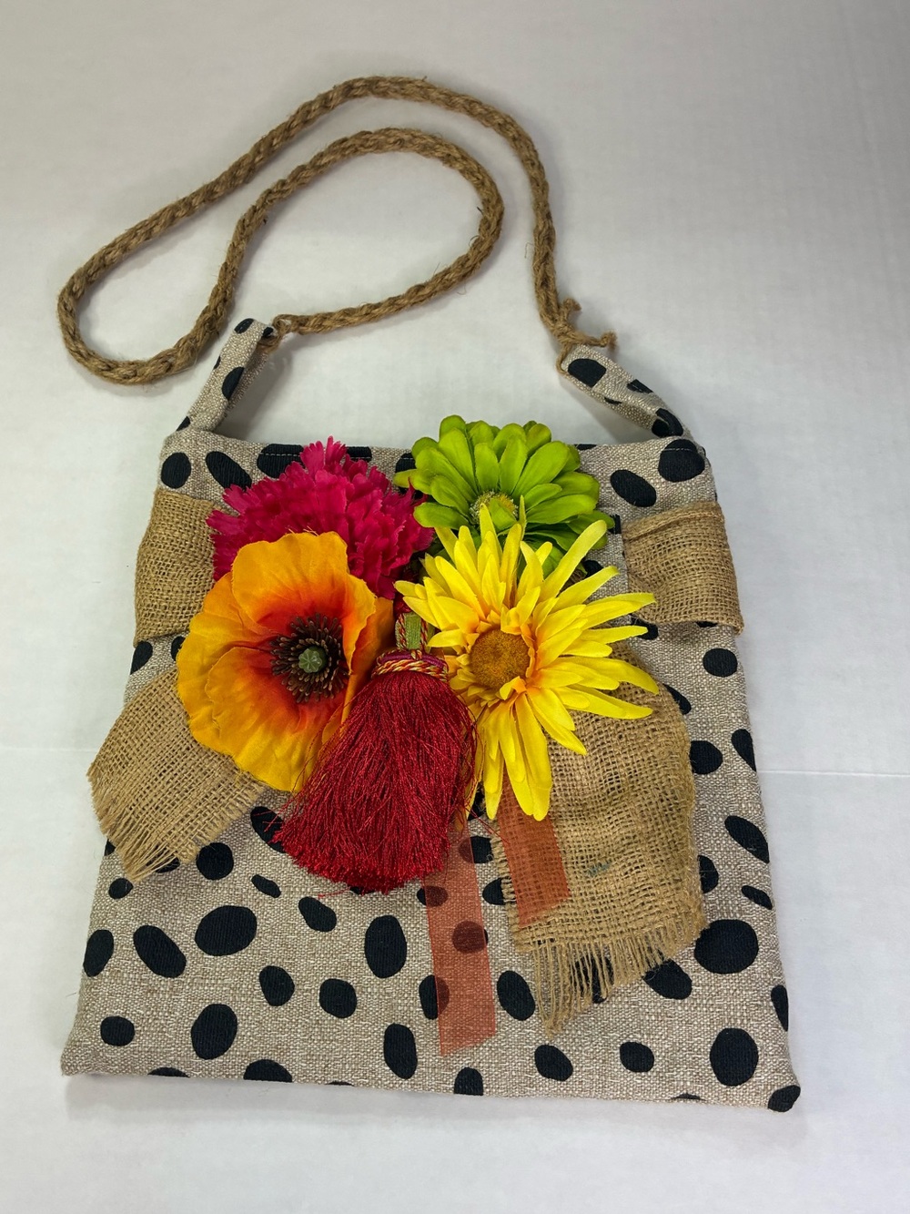 Polka Dot Burlap Floral Crossbody Bag Tote Boho Bright Multicolor Black Natural